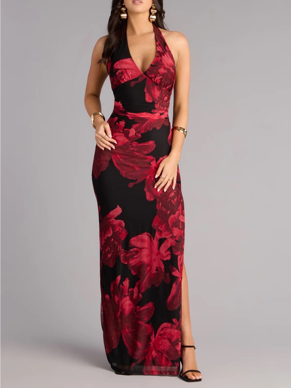 Windsor Black Maxi Dress with Red Floral Print